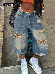 Vintage Light Wash Rhinestone Distressed Denim Capris, High Rise Oversized Baggy 3/4 Jeans, Trendy 90s Hip Hop Streetwear Edgy Bottoms Pants