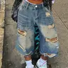 Vintage Light Wash Rhinestone Distressed Ripped Denim Capris, High Rise Oversized Baggy Fit 3/4 Jeans, Stylish Distressed Design, Trendy 90s Hip Hop Streetwear Edgy Bottoms Pants Women, Womenswear