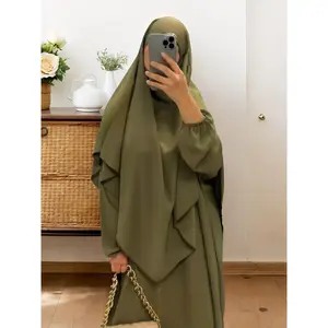 Two-piece Muslim Women's Plus Size Solid Color Fashion Bat Sleeve Ramadan Dress and Robe Set