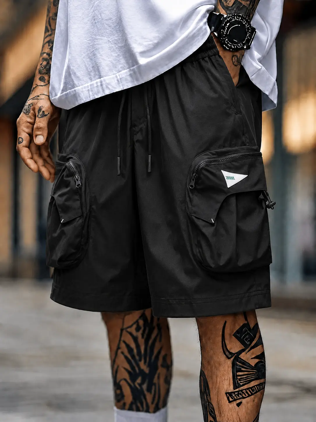 Men’s Outdoor Techwear Cargo Shorts, Lightweight Hiking Shorts with Zipper Pockets, Elastic Waist Drawstring Utility Shorts for Travel, Camping, Gym, Streetwear