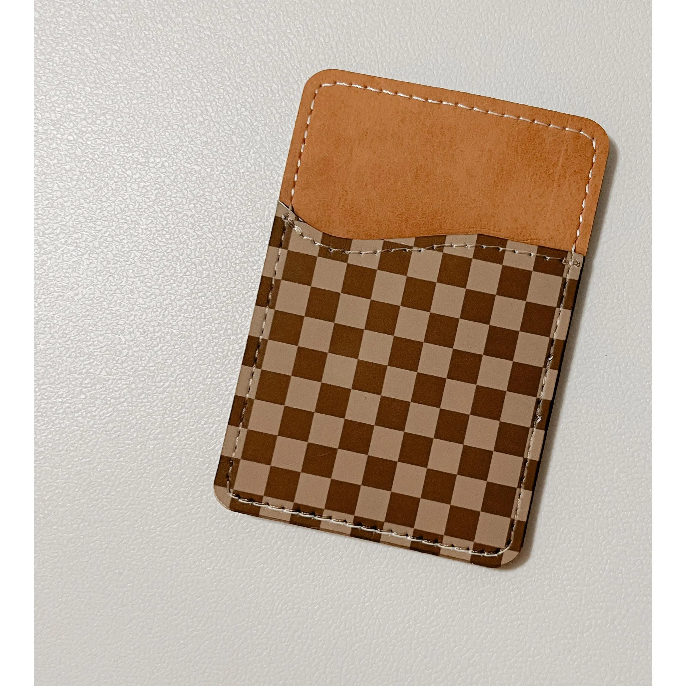 Brown Checkered Leather Card Holder