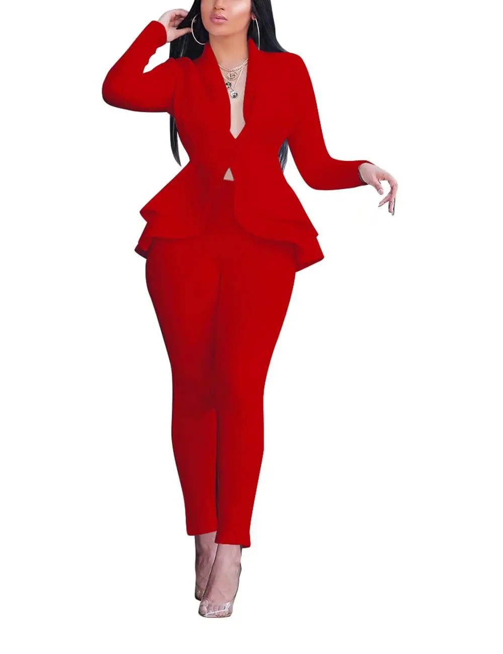 Acelyn Outfits Two Piece Suit Sexy V Neck Business Casual Ruffle Blazer Suit Bodycon Long Pants Sets Womenswear Chic Elegant Long Sleeve Fitted