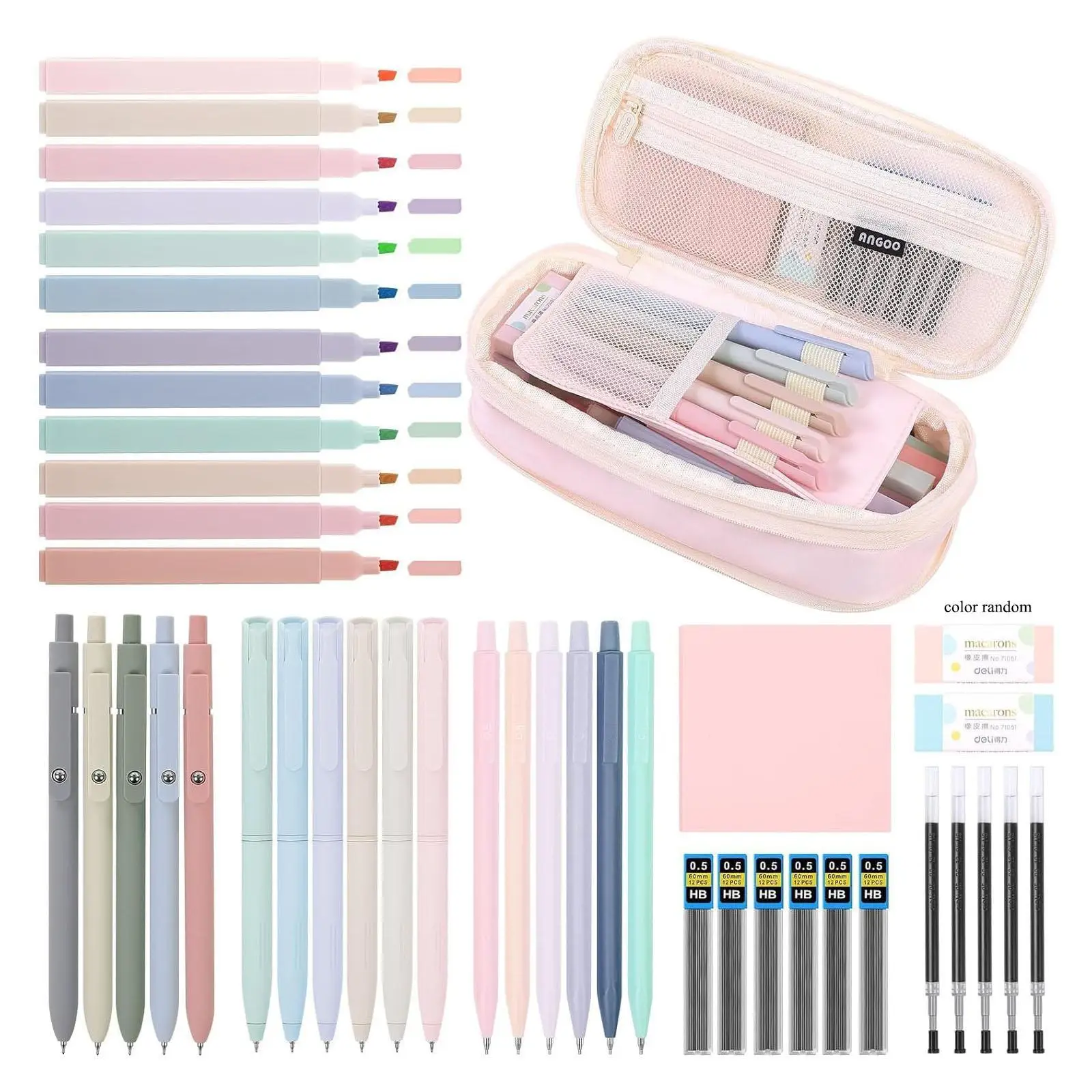 Aesthetic School Supplies Set, 44pcs/set Including Highlighter & Gel Pen & Mechanical Pencil & Pencil Case & Accessories, Art Materials, Cute Statione