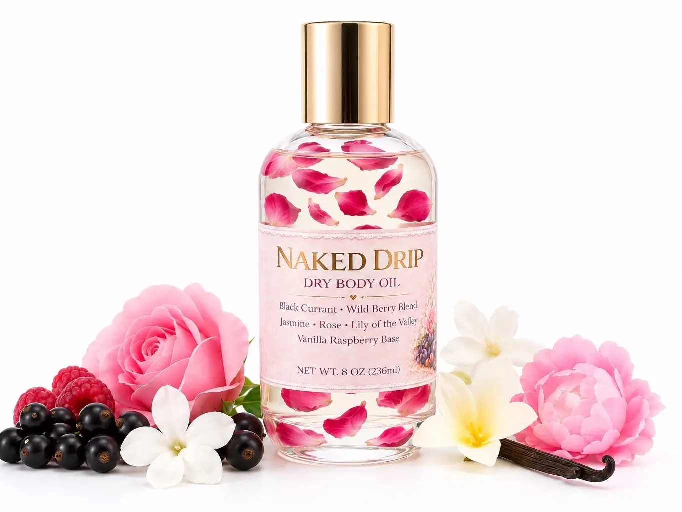 Bee Enchants NAKED DRIP Nourishing Dry Body Oil with Essential Oils Black Currant Berry Blend Jasmine Rose Lilly of the Valley Vanilla Raspberry Base 8 oz 200G