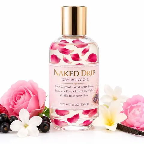 Bee Enchants NAKED DRIP Nourishing Dry Body Oil with Essential Oils Black Currant Berry Blend Jasmine Rose Lilly of the Valley Vanilla Raspberry Base 8 oz 200G