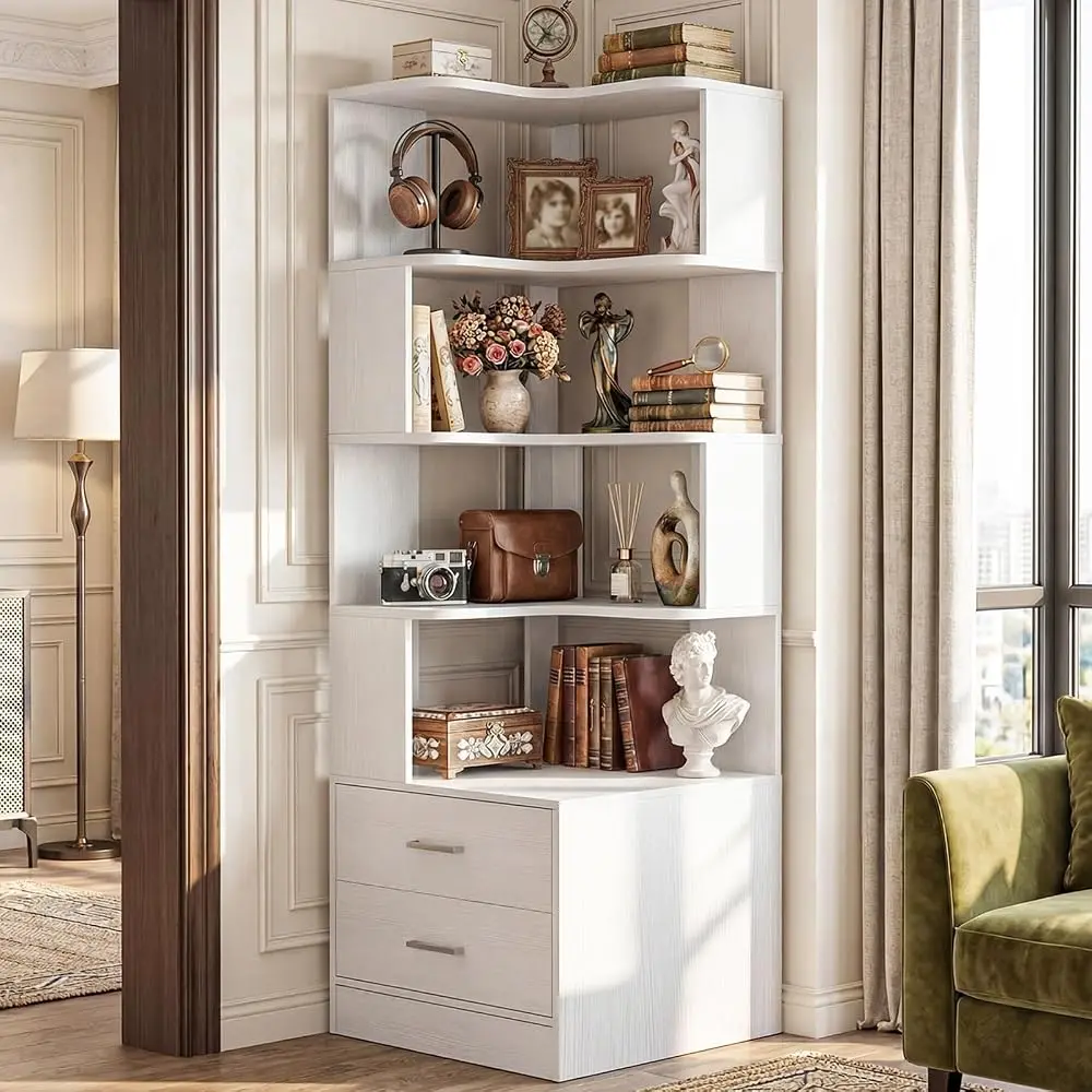 Corner Bookshelf with 2 Drawers, Reversible L-Shaped Bookcase for Small Spaces, Vertical Storage Shelf for Books, Decor, Bedroom & Home Office