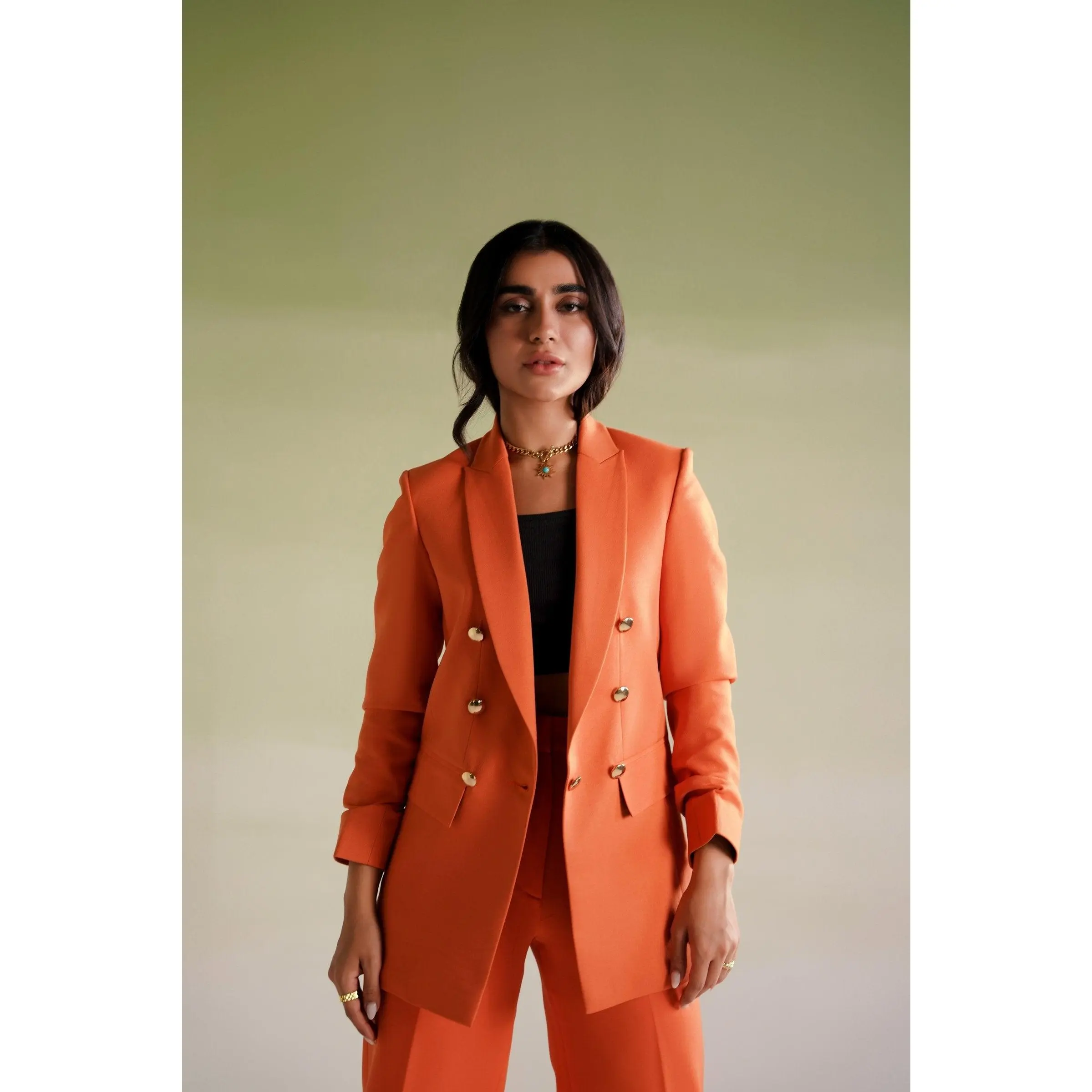 Four & Co Women's Orange Double Breasted Blazer Button Details Work Office Wear