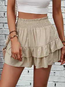 Women's Solid Ruffle Trim Shorts, Casual Fashion Shorts for Summer, Women's Bottoms for Daily Wear, Womenswear Lady Fit