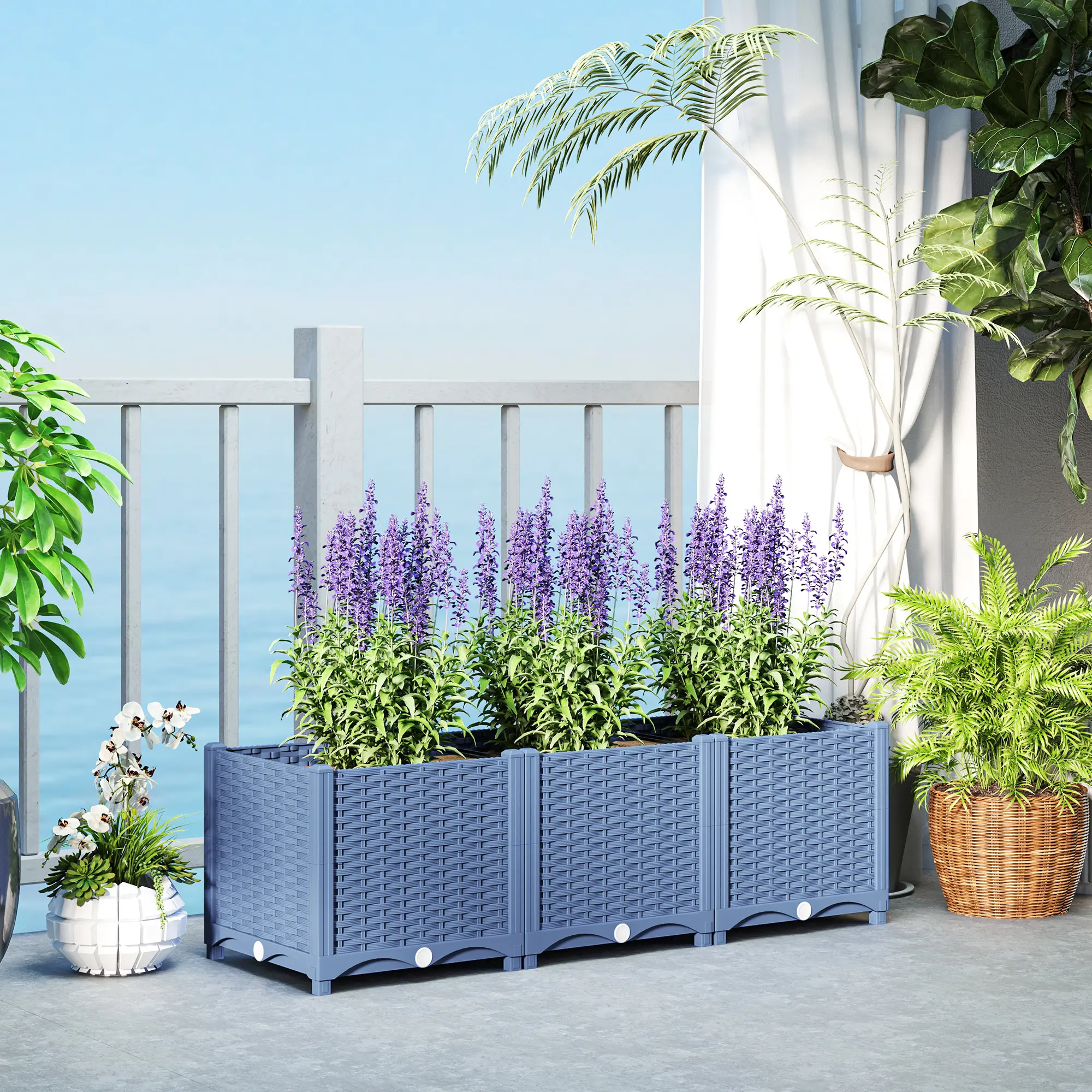 4x1x1ft Blue Plastic Raised Garden Bed Outdoor Flower Box with Drainage Holes and Water Reservoir for Vegetables Herbs for Balcony Patio Small Space Gardening
