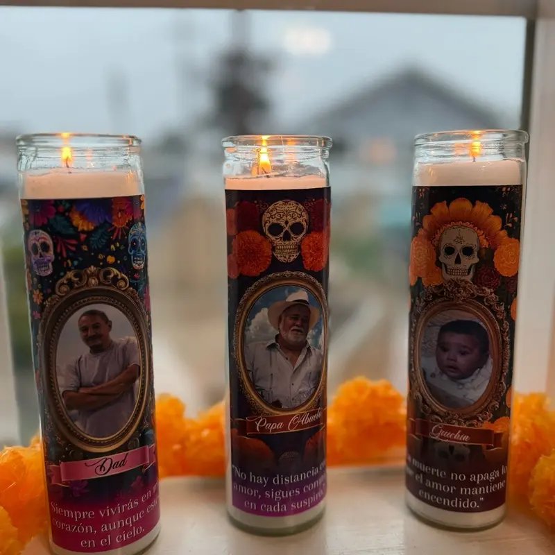 Custom Día De Los Muertos Candles with Personalized Photos and Vibrant Skull Designs for Festive Decor
