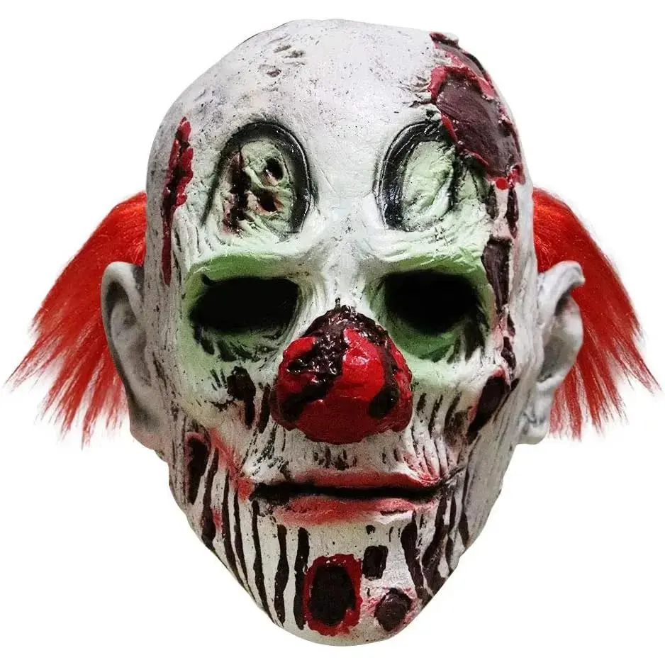 Adult Halloween Spooky Scary Evil Clown Mask - Red Hair, Blood Red Lips, Icy Gloomy Face, Classic Latex Festive Party Accessories, One Size