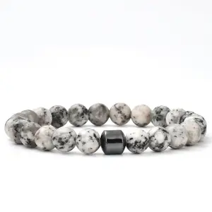 Mens White Sesame Jasper Bead Bracelet
