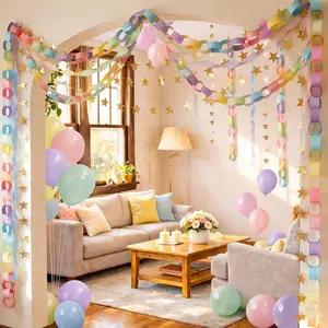 1Set Pastel Birthday Party Decorations Kit with 492ft Crepe Paper Streamers, 300 Sheets Paper Chain Strips, 78.6ft Gold Star Garland and 30Pcs 12" Pastel Balloons for Hanging Decor