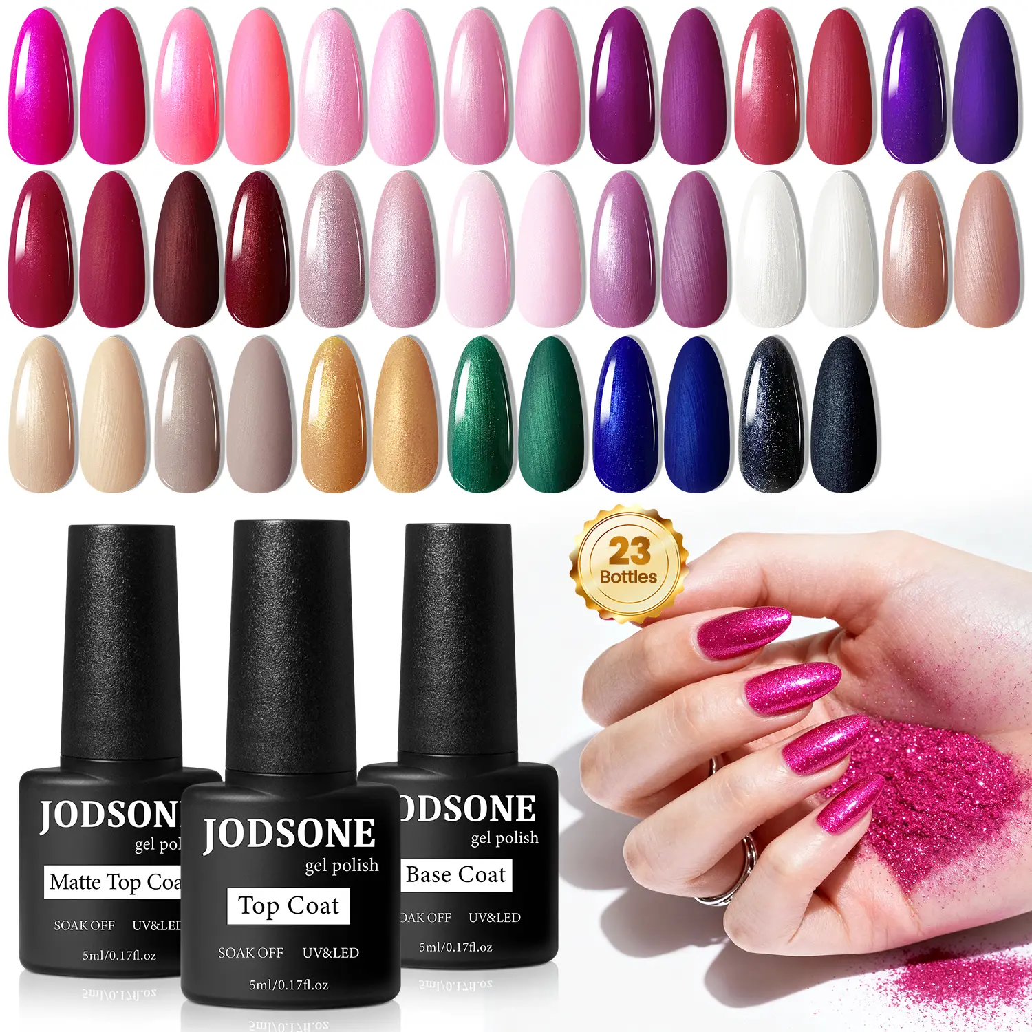 JODSONE Durable 20-Color Glitter Gel Nail Polish Multi-Pack Kit with 3 Bottles (No-Wipe Base Coat, Glossy Gel Topcoat, Matte Topcoat) - Long-Lasting Manicure Nail Care Cosmetic Gift Set for Occasions, Beauty Products, Nails Kit Set