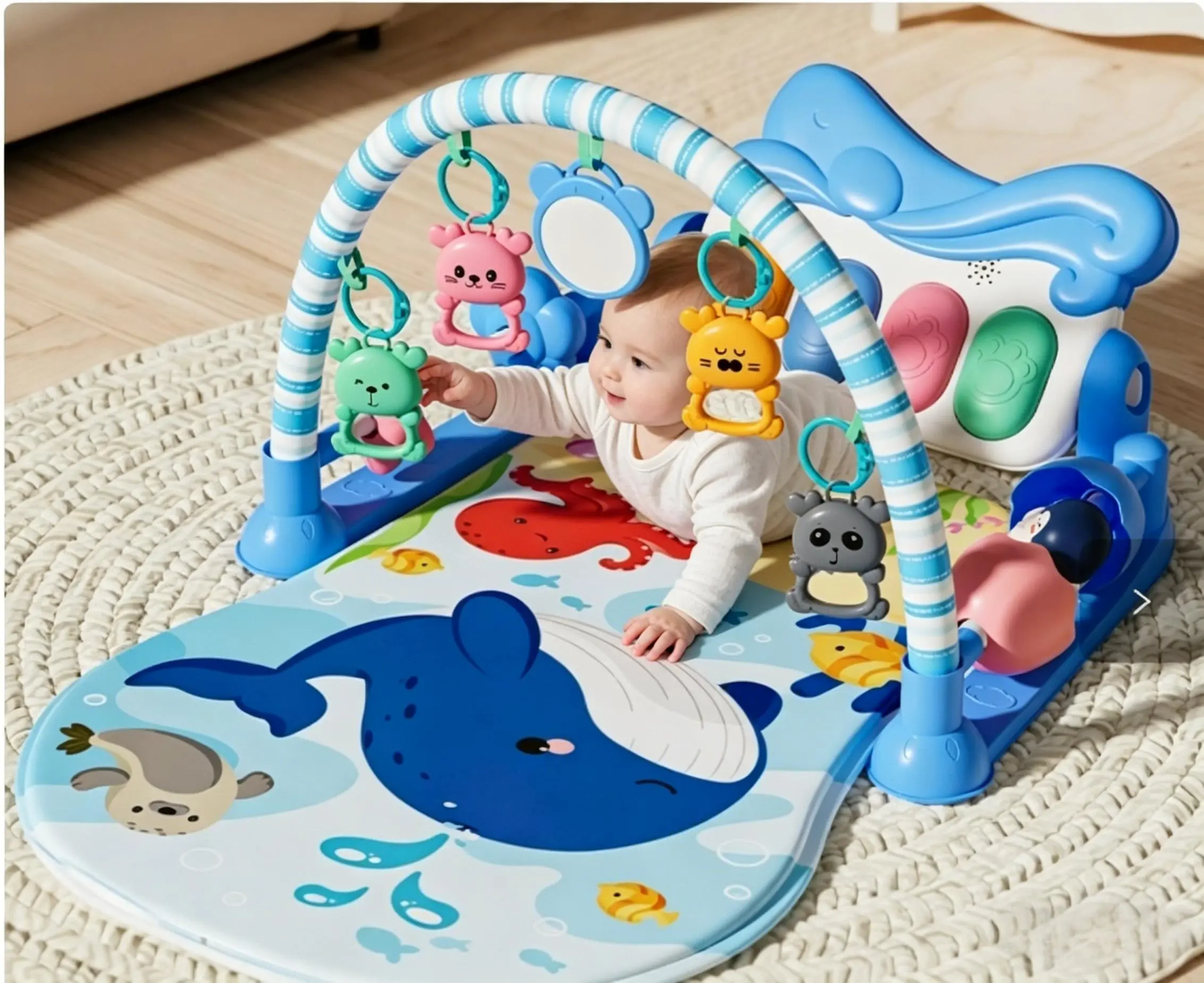 1 piece blue ocean whale cartoon baby footrest piano fitness frame crawling play mat, cool macaron underwater theme for babies and mothers, thick, skin-friendly, non-slip soft pad with whale and octopus underwater prints, blue-and-white striped arched han