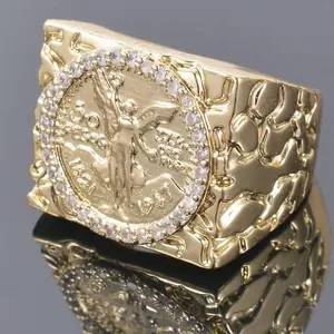 Mexico 50 Pesos Cubic Zirconia Commemorative Coin Ring, 14k Gold Plated Copper Ring for Men