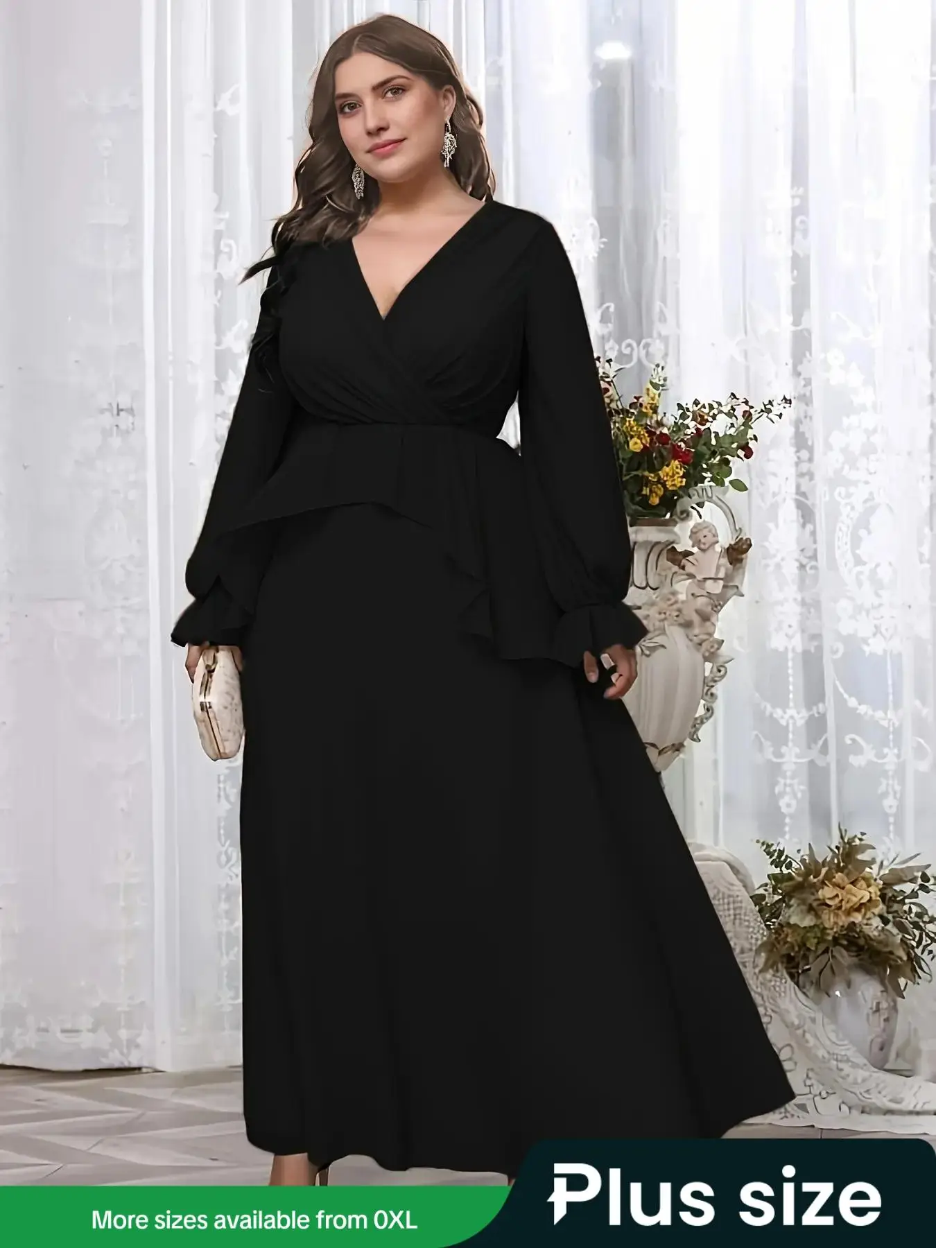 Plus Size Plain Ruffle Trim Wrap Flounce Sleeve A Line Dress, Elegant V Neck Long Sleeve High Waist Party Dress for Wedding Guest, Women's Clothes for
