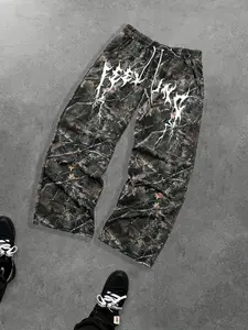 Men's Casual Sporty Camouflage Pants, Lightning Thorn Print Drawstring Wide Leg Long Pants, All-Season Loose Fit Fashion Men's Clothing