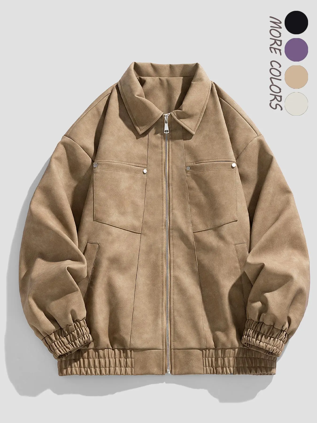Men's Solid Color Zipper Elastic Hem PU Leather Jacket, Loose Casual Fashion Drop Shoulder Long Sleeve Collared Trendy Outerwear for Daily Wear, Men's Clothes for Fall & Winter, Menswear, Coats