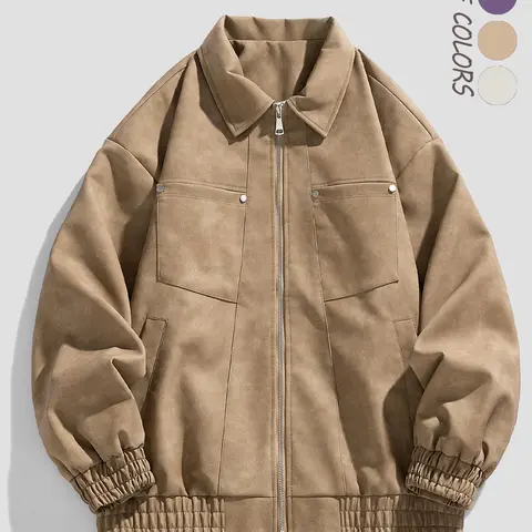 Men's Solid Color Zipper Elastic Hem PU Leather Jacket, Loose Casual Fashion Drop Shoulder Long Sleeve Collared Trendy Zip Up Outerwear for Daily Wear, Men's Clothes for Fall & Winter, Menswear, Coats