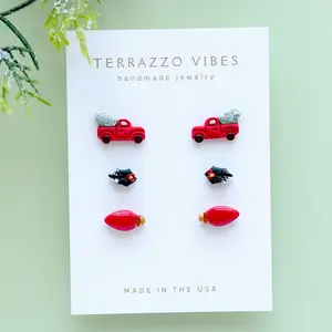 Terrazzo Vibes Winter Christmas Mini Stud Earrings Handcrafted Polymer Clay with Durable Resin & Premium Stainless Steel Post Made in the USA
