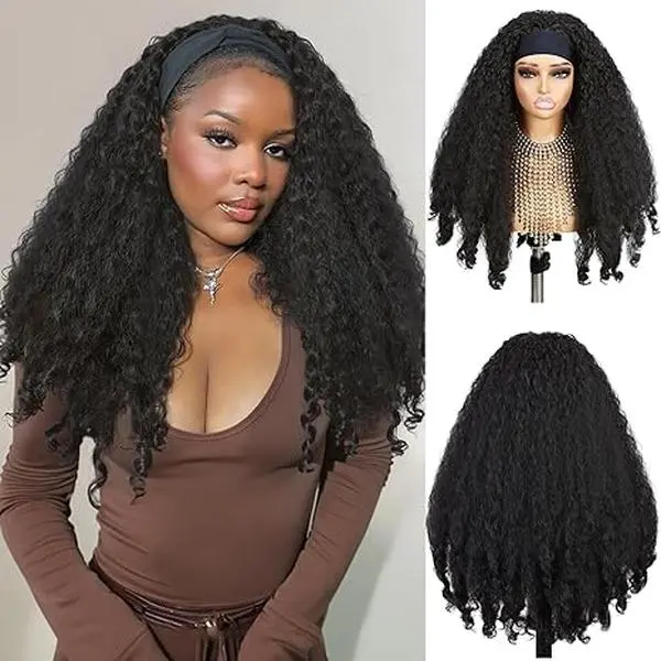 Afro Curly Headband Wig Synthetic Yaki Curly Half Wigs for Black Women Glueless Headband Wig with Bottom Bouncy Curls Blowout 4c Hair Style Natural Black 22 In