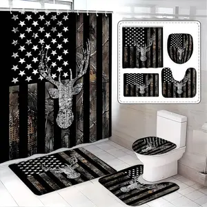 Silver Deer Flag Shower Curtain Set, Bathroom Decor with Bath Mat Toilet Cover U-Shaped Pad and Hook, Elegant Home Decoration Gift