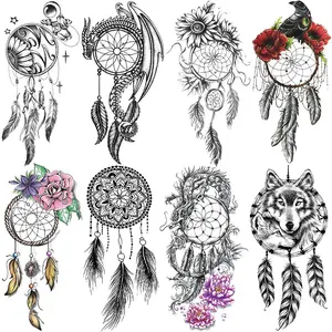8pcs 3D Realistic Temporary Tattoo Stickers, Waterproof Dreamcatcher Feather Eagle Flower Wolf Dragon Designs, Unisex Adult Body Art