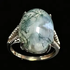 925 Sterling Silver Natural Moss Agate Adjustable Ring