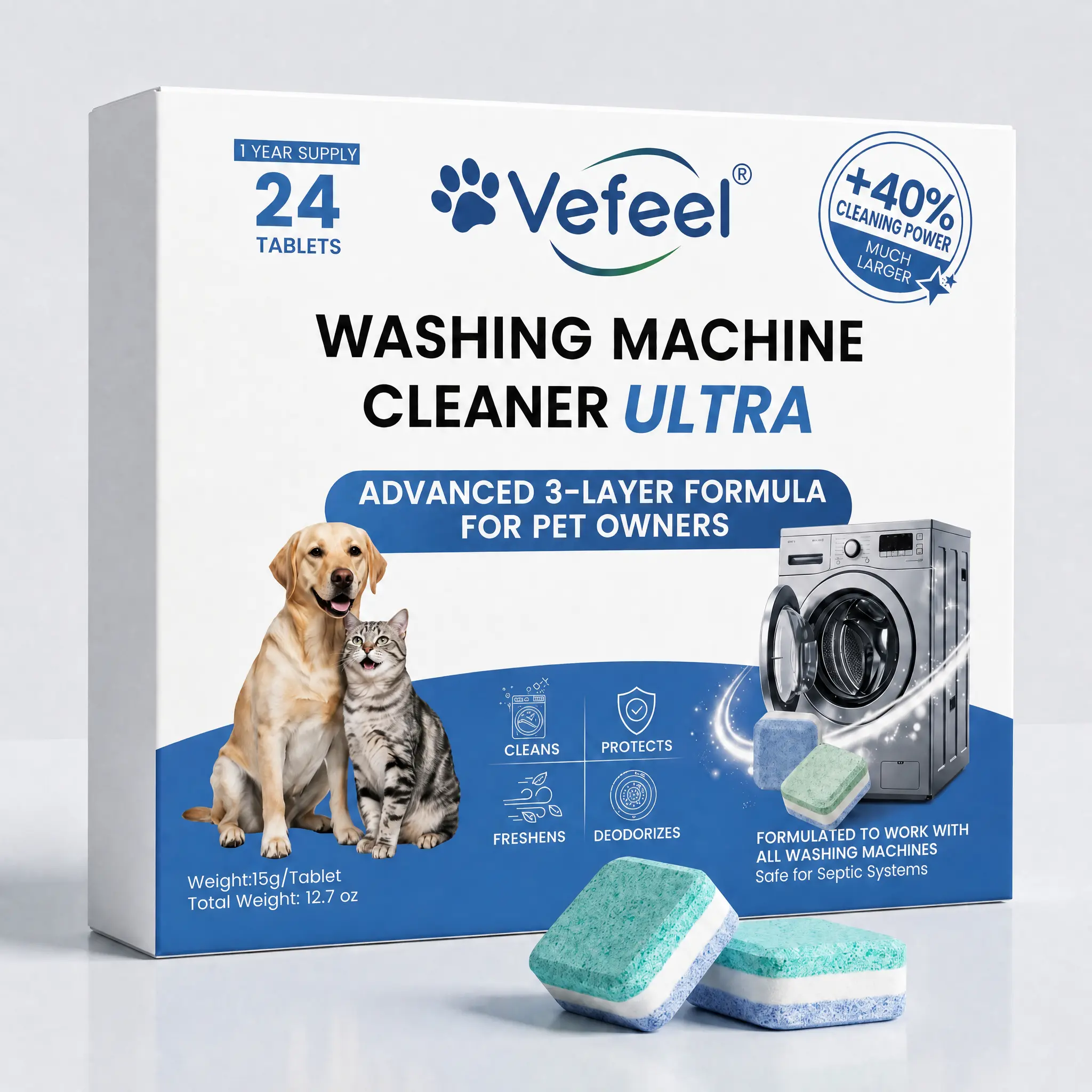 VEFEEL ULTRA Washing Machine Cleaner Tablets for Pet Owners, 40% More Cleaning Power, 24 Pack for a 12 Month Supply, Advanced 3-Layer Formula Removes Pet Hair, Grime & Dog Odors, Deep Descaler & Odor Eliminator for Various Washing Machines