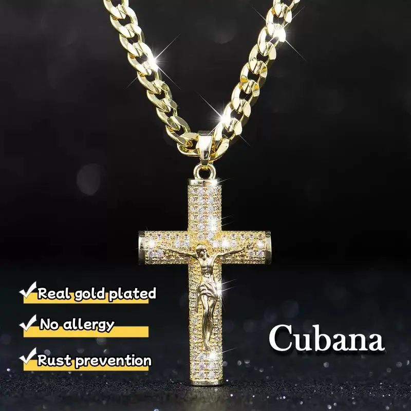14K Real Gold-Plated Cross Necklace for Men/Women | Tarnish-Free Cuban Link Chain with Jesus Crucifix Pendant | 0.236" Wide /23.62" Long | Christian Religious Jewelry Gift | Hypoallergenic & Tarnish-Resistant | Durable Hip Hop Jewelry for Daily Wear