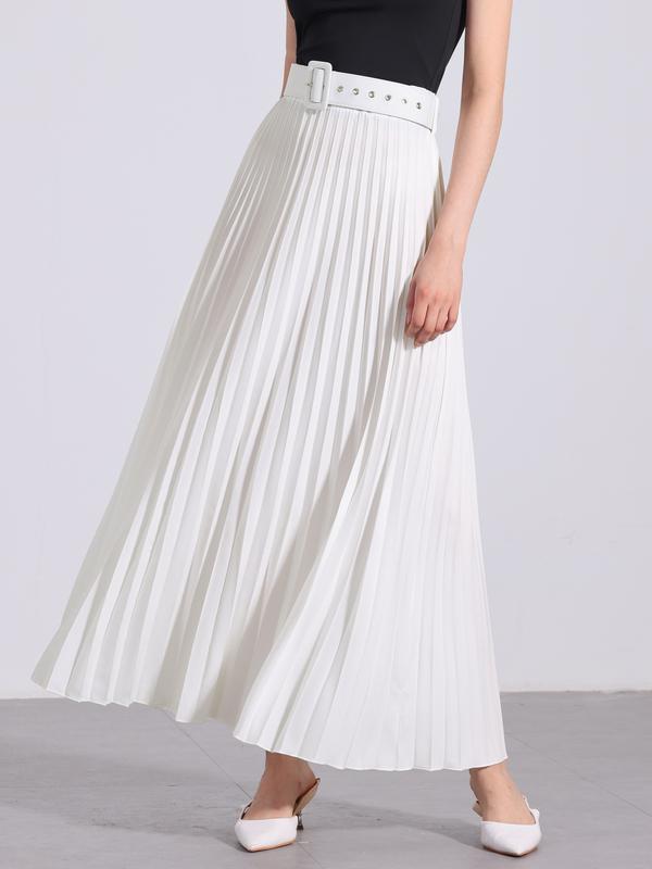 INSPIRE CHIC Flowy Pleated Elastic High Waist with Belt Swing A-line Chic Maxi Skirt White