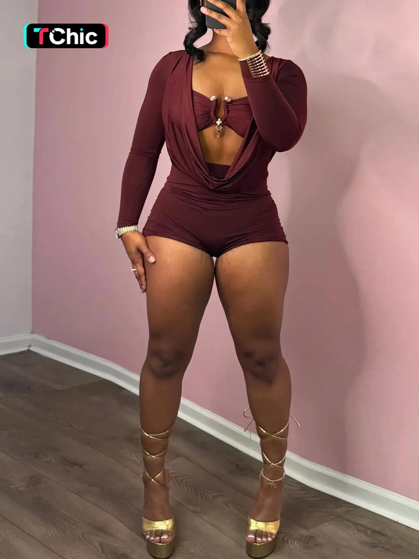 Women's Basic Solid Color Metal Decor Cut Out Romper, Street Fashion Longsleeves Romper for Nightclub Music Festival, Ladies Summer Clothes, Womenswea