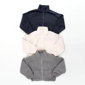 High Level HL Sherpa Fleece Crop Zip up Jacket Warm Soft Fluffy Cozy - Cream, Navy or Gray - Comfortable Womenswear Essential tops sherpa jacket Long Sleeve Pocket Outerwear Basic Casual Minimalist Style Coats Golden