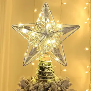 Star Tree Topper with 20 LED Lights, Metal Silver Lighted Treetop Ornaments, Battery Powered Light Up Christmas Tree Decorations, 6.5 x 6.5 Inches