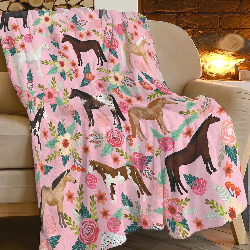 Horse Lovers Flannel Throw Blanket, Western Print, Soft Cozy Gift for Girls, Pink   Bedroom Couch   Holiday Travel Outdoor Decor, Birthday Present