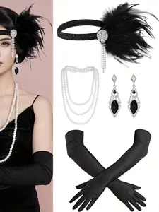 6pc Vintage Jewelry Set, 1920s Jazz Era Style, Long Gloves Earrings Pearl Necklace Headband, Elegant Party Accessories