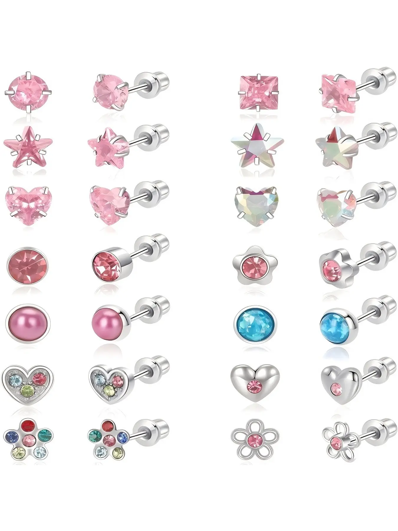 14 Pairs Hypoallergenic Earring Set for Girls Women, Surgical Steel Screw Back, Cute Kids Baby Toddler Screwback Earrings, over 3 Years Old