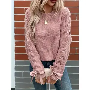 2026 Women's soft pink oversized bow sweater - comfortable and loose long-sleeved round winter sweater with medium stretch, suitable for leisure and semi-formal clothing layered must, providing warm winter sweaters for women, autumn and (gifts)