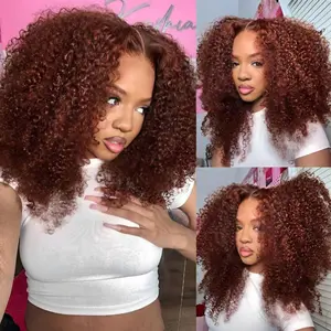 Sunber 250% Density Reddish Brown Afro Kinky Curly Shoulder Length Glueless Human Hair Wigs 7x5 Lace Closure Wig Invisible Knots Beginner Friendly Reay to Wear