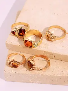 Five Piece Set Exquisite Shiny Luxury Fashionable Geometric Pattern Tiger Eye Stone Ring Set Holiday Party Everyday Versatile Jewelry Elegant Casual Ring Gift For Gifting Gold