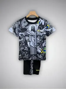 Men's Brazil Jesus Casual Short Sleeve Shorts Set, Breathable Fashion Top with Pants, Sport Two-Piece Set, Comfort Drawstring Waist