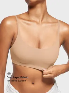 Womens Adjustable Spaghetti Strap - Scoop Neck Wireless Yoga Workout Crop Top Stretch Sports Bra