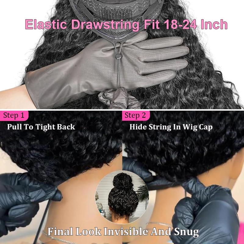 38Inch Deep Wave 13x6 Lace Front Wigs Drawstring Glueless Wig Human Hair 180 Density 13x4 HD Lace Frontal Wigs Human Hair Pre Plucked Deep Curly Glueless Wigs Human Hair for Women Natural Black