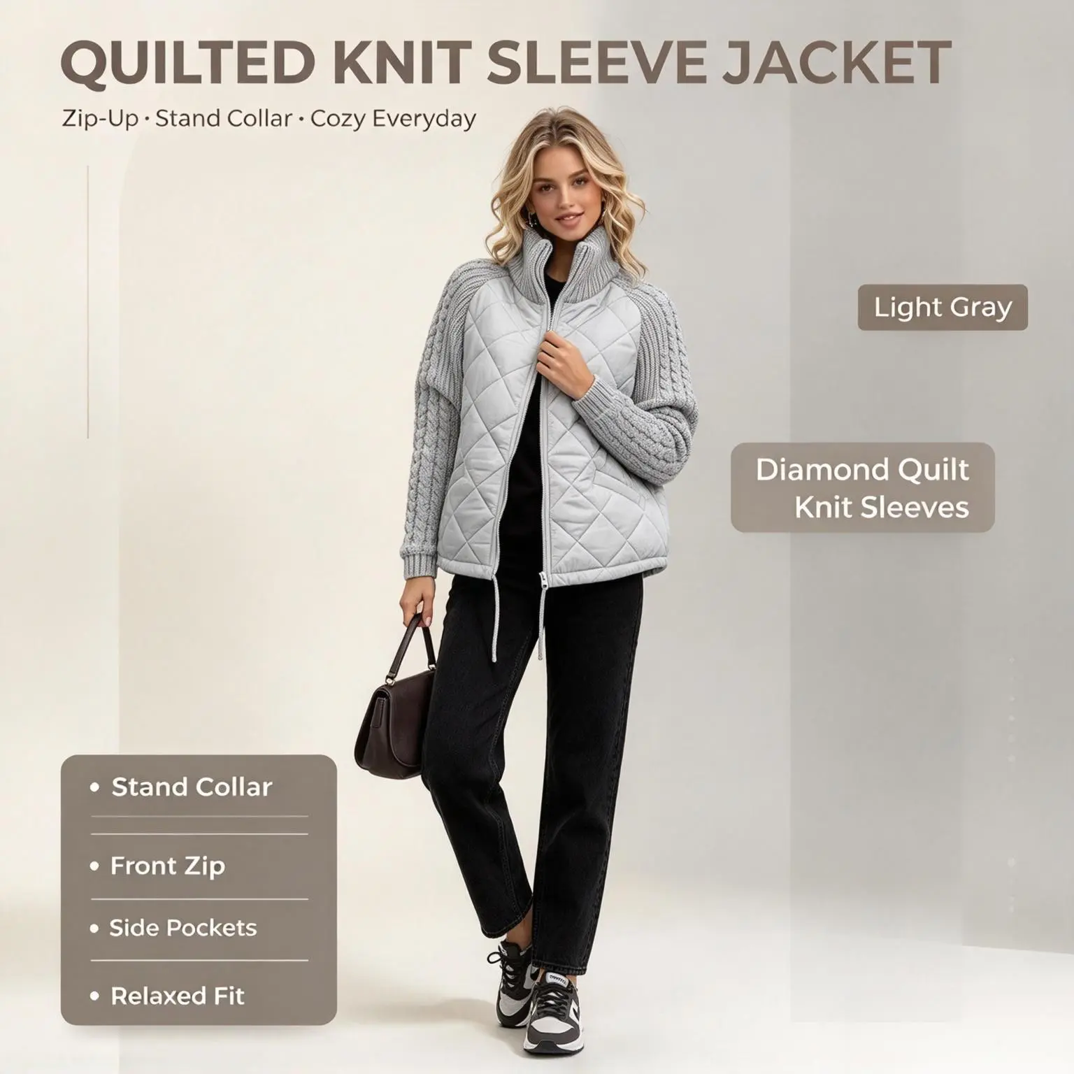 Women 2026 Fall Winter New Fashion Knit Patchwork Cardigan, Stand Collar Open Front Cotton Padded Jacket, Casual Sweater Splicing Quilted Puffer Coat For Daily Street Commute Going-out Wear