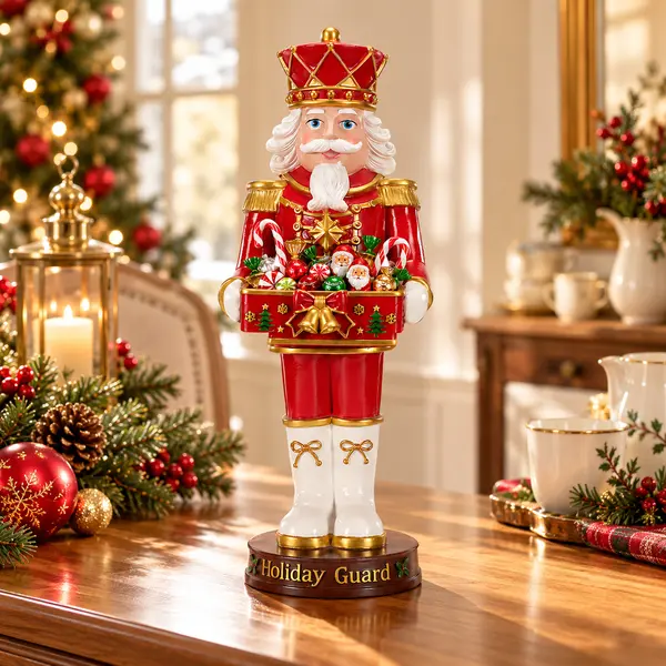 Christmas Nutcracker Soldier Statue with Serving Tray, 24.41 Inch Resin Candy Dish and Tabletop Organizer, Holiday Decoration for Entryway and Living Room