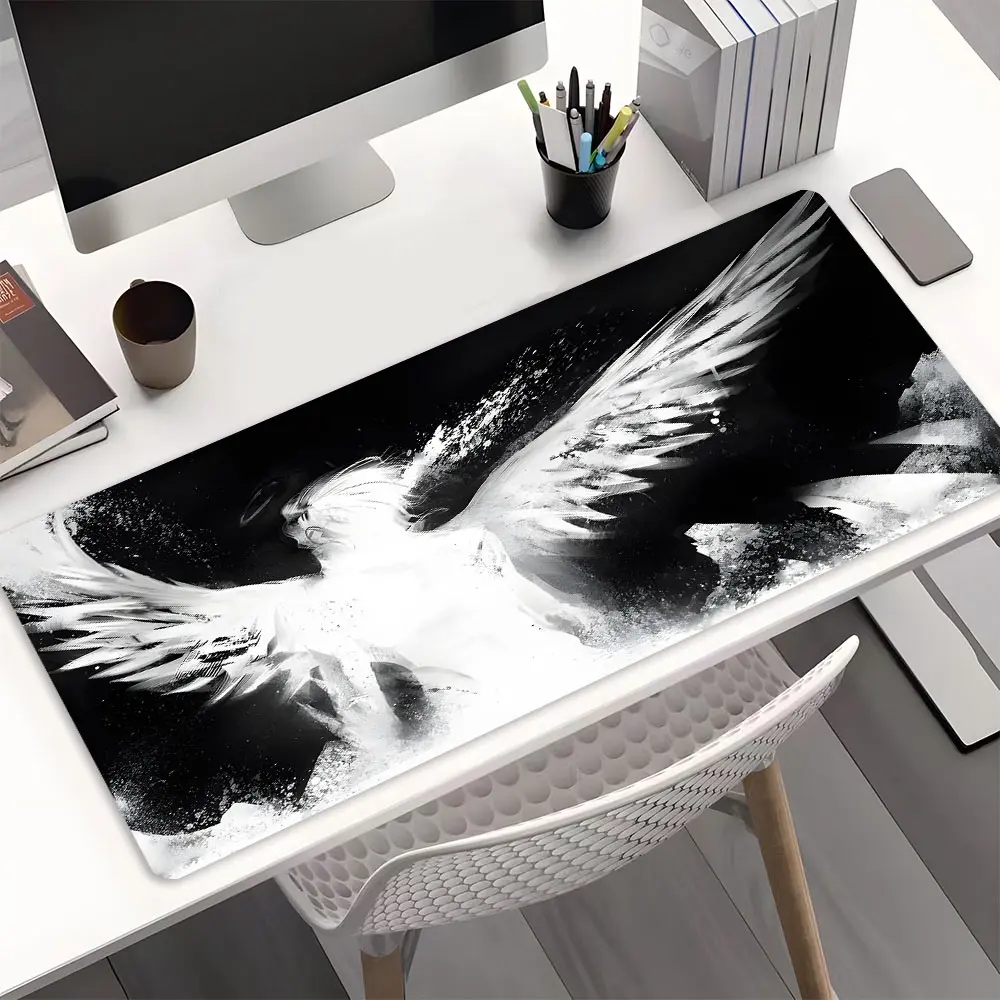 Cool Angel Black Large Gaming Mouse Pad, Stylish Computer Accessory, Perfect for Gaming, Home Office & Office Use, Artistic Design Desk Pad, High-Quality Non Slip Rubber Base Desk Mat, Desk Accessories, Desk Gadgets, Gift for Creative Professionals
