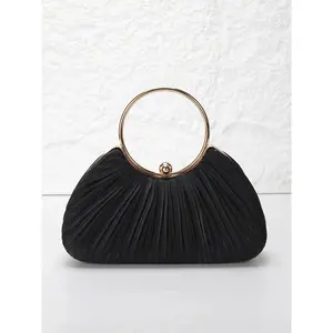 [Mother's Day] Elegant pleated satin women's evening handbag, round handle handbag, equipped with a shoulder chain for cross-body wear, snap closure.Suitable for weddings, parties, banquets, Easter, and graduation season