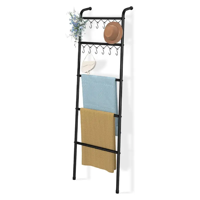 5-Tier Blanket & Towel Ladder Rack – 79" Metal Decorative Storage Ladder with 12 Hooks for Living Room, Bedroom, Bathroom – Modern Black Home Decor Organizer