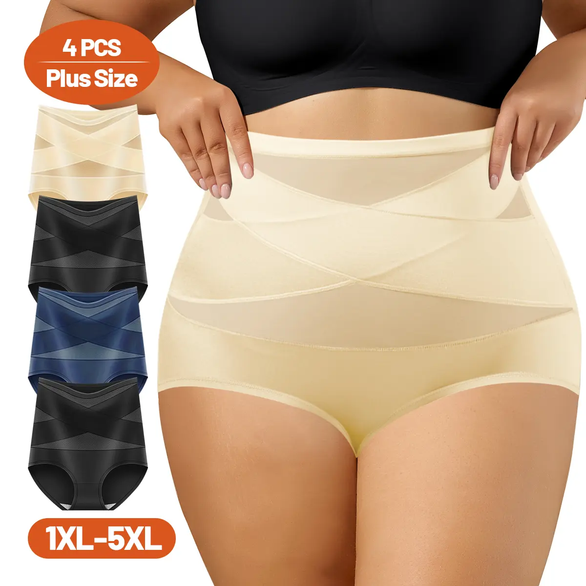 QUASTI 4-Pack Plus Size High-Waisted Tummy Control Women's Shaping Panties, Soft and Breathable, High-Elasticity and Silky Smooth, Tummy Control and Butt Lifting Shaping Womenswear, Super Comfortable Shorts Brief, Sizes: 1XL-5XL No Bra Shapewear